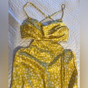 Yellow silky dress, side cutouts